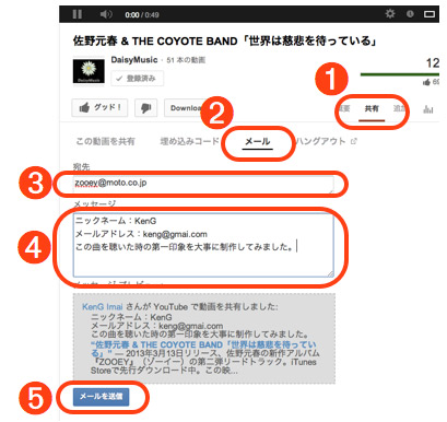 YouTubeからメール共有